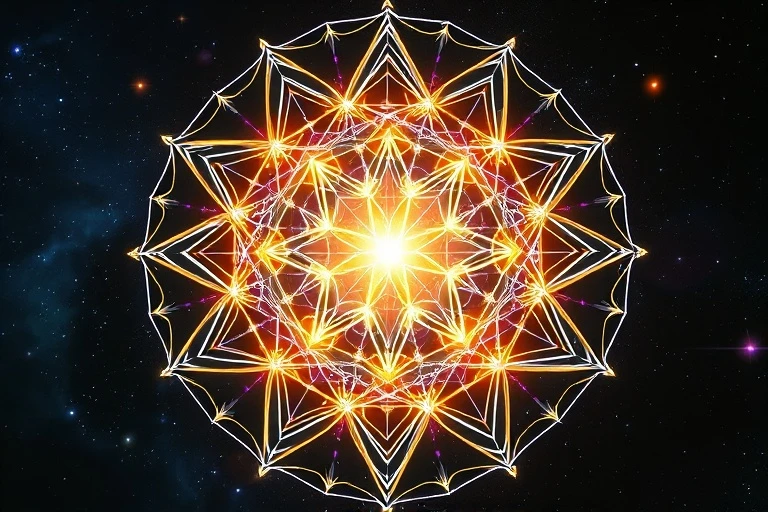 Abstract geometric shapes radiating from a central glowing orb, representing universal energy flows.