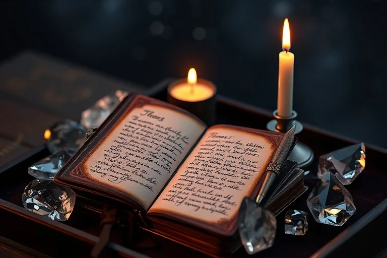 Vintage leather-bound journal open to handwritten affirmations and a pen, surrounded by polished crystals and a glowing candle, symbolizing intention and focus in manifestation.