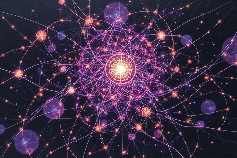 Abstract digital painting of vibrant, interconnected glowing lines forming a complex network, radiating outwards, symbolizing vibrational energy and universal connection.