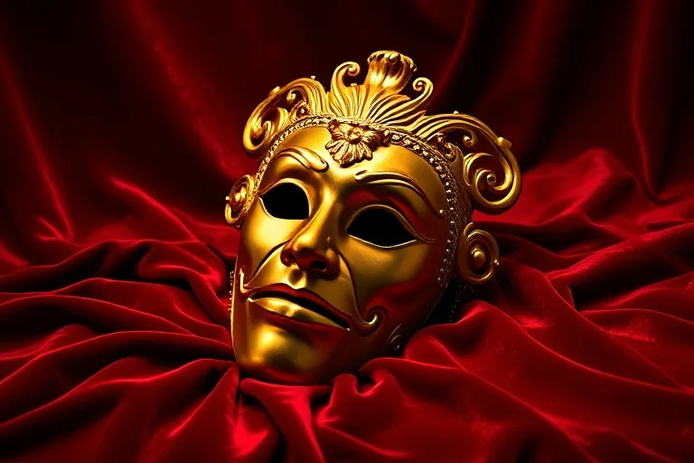 Golden theater mask on velvet, symbolizing performance and recognition