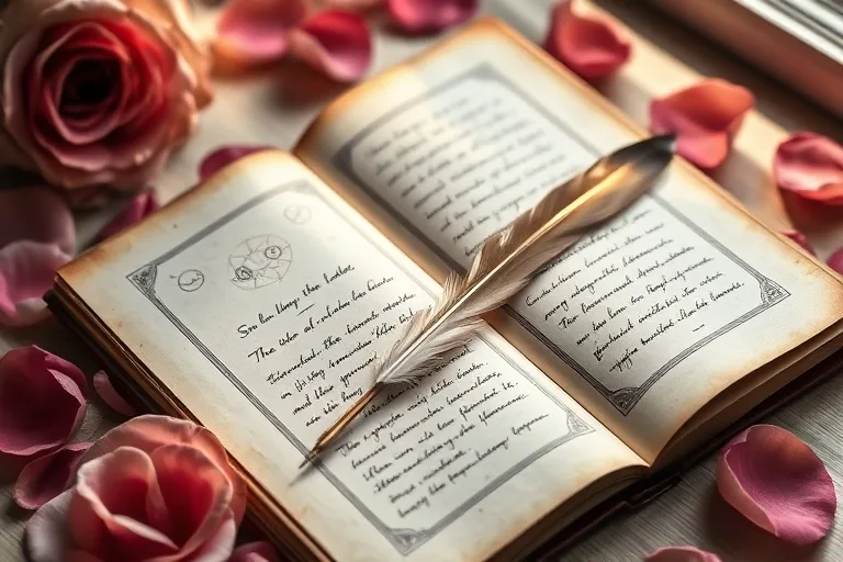 An open journal with a quill and rose petals, symbolizing communication and reflection