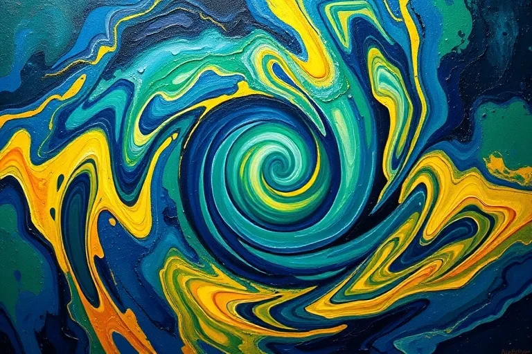Abstract oil painting with swirling blues, greens, and yellows, symbolizing inner peace and growth