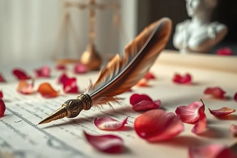 A close-up macro photograph of an ornate quill pen on a parchment scroll, surrounded by rose petals and a marble bust of Themis, symbolizing justice and refined communication.