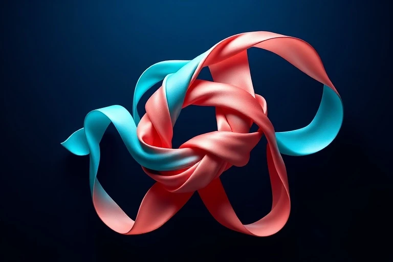 A conceptual 3D illustration of two intertwined flowing ribbons in teal and coral, forming a symmetrical knot against a deep indigo background, representing partnership and connection.