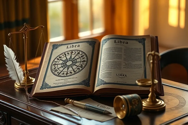 Vintage leather-bound book titled 'Justice and Harmony' on a desk, symbolizing Libra's intellectual pursuit of fairness and order.