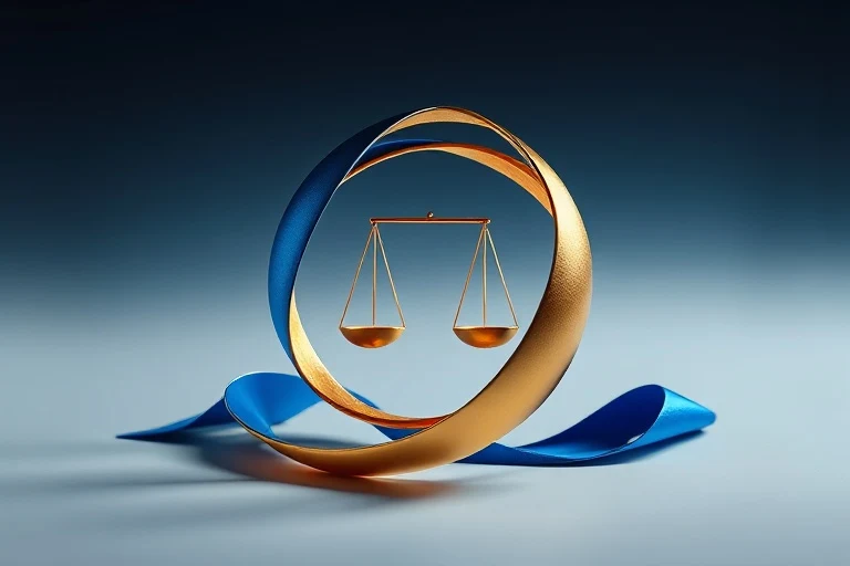 Conceptual art with intertwining blue and gold ribbons forming a perfect loop, symbolizing equilibrium, connection, and abstract harmony.