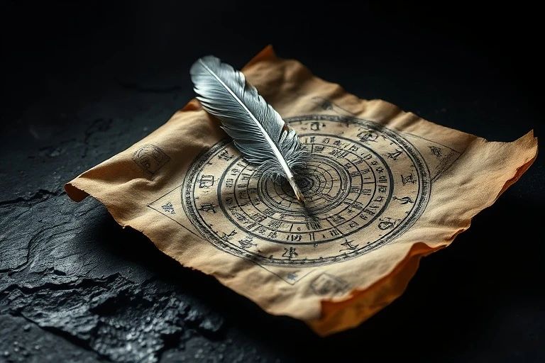Cinematic still life of an ancient scroll with cryptic symbols, a silver feather, and dramatic lighting, symbolizing hidden knowledge and rebellion.