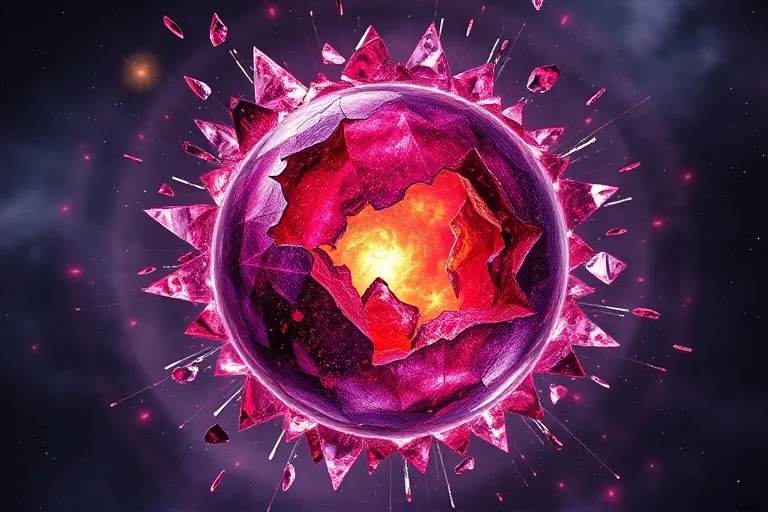 Digital 3D illustration of a shattered crystal sphere revealing a vibrant energy core, symbolizing liberation and raw power.