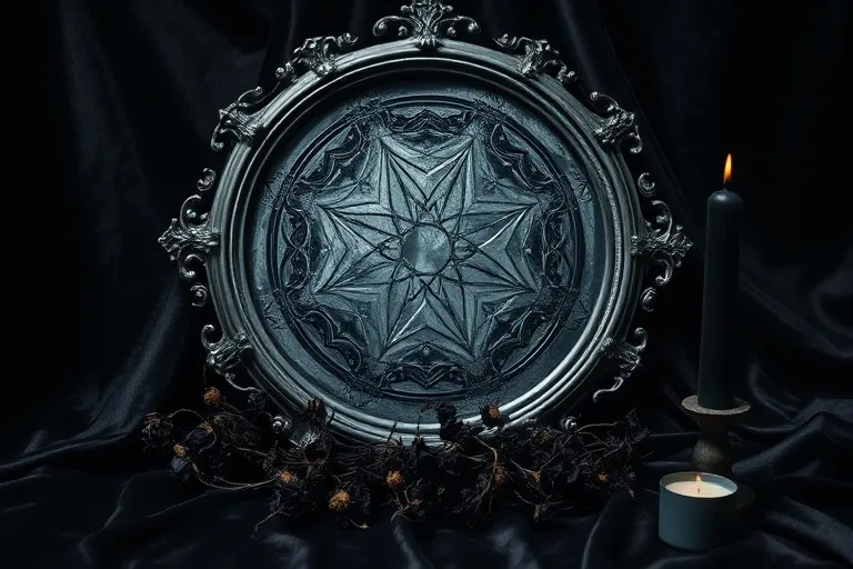 A weathered, antique mirror reflecting only shadows, placed on a dark velvet cloth, surrounded by dried nightshade flowers and a single, unlit black candle, evoking mystery and the subconscious.