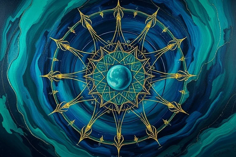 Abstract oil painting, swirling patterns of deep indigo and emerald green, with streaks of gold and silver representing integration and transformation, a sense of raw power and ancient wisdom within the brushstrokes.