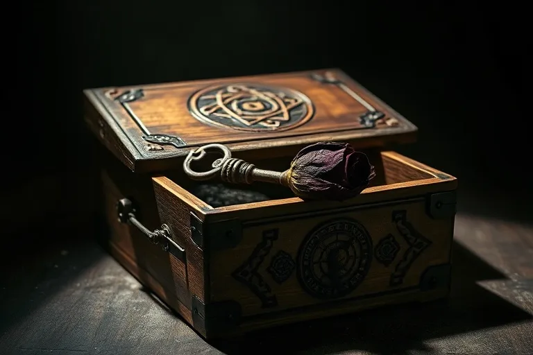 Cinematic still life of an ancient wooden box slightly ajar, revealing a tarnished silver key and a dried dark rose, symbolizing hidden truths and suppressed desires.