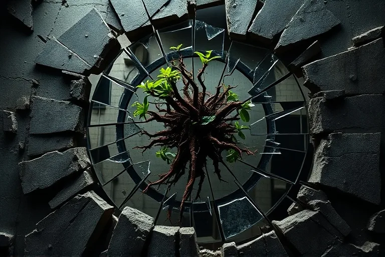Conceptual art of a shattered mirror reflecting a thorny vine breaking through concrete, symbolizing resilience, rebellion, and primal nature reclaiming space.