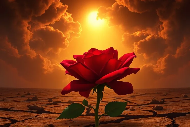 Vibrant red rose blooming from cracked earth, illuminated by golden light through dark clouds.