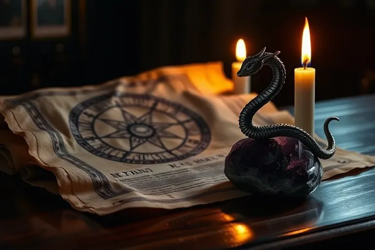 A weathered, ancient scroll unfurling on a dark, polished wooden desk, illuminated by a single, flickering candle. Next to it, a small, intricate silver serpent figurine coiled around a raw, dark amethyst crystal. The scene evokes hidden knowledge and primal power.