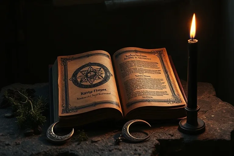 Cinematic still life of an antique grimoire open on a stone altar, surrounded by dried herbs, a black candle, and a silver crescent pendant, lit by dramatic shadows.
