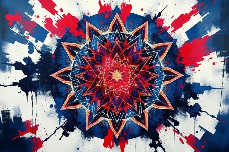 Abstract oil painting with dynamic brushstrokes in crimson, blue, and white, suggesting raw motion and transformation, with subtle gold accents.