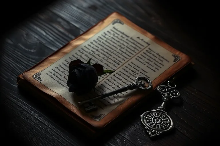 A vintage leather journal open on a wooden desk, with a black rose and an antique silver key, under dramatic lighting, symbolizing hidden truths and shadow desires.