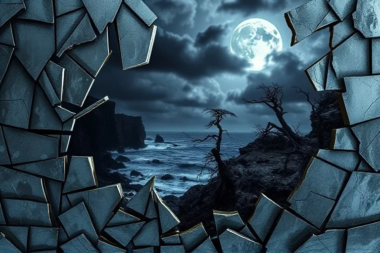 A broken, fragmented mirror reflecting a wild, stormy landscape under a moonlit sky, symbolizing splintered self and primal forces in conceptual art painting.