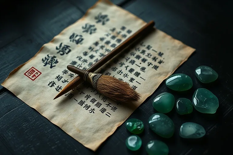 Cinematic still life photography of an antique Chinese calligraphy brush and a love letter with jade stones, symbolizing thoughtful communication.