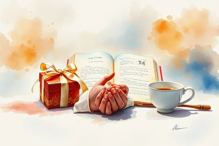 Watercolor painting depicting five symbolic objects representing love languages: a gift, an open book, gently touching hands, a tea cup, and a tool.