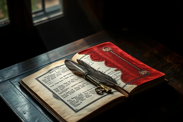 An antique, leather-bound dream journal lies open on a polished wooden desk, illuminated by a single beam of moonlight filtering through a window. Next to it, a vintage brass key rests on a velvet cushion, symbolizing unlocking inner worlds. A delicate, feathered quill pen is positioned as if recently used. The room is dimly lit, creating an atmosphere of mystery and introspection.