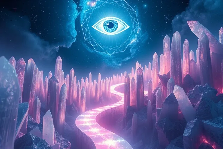 A surreal, ethereal landscape where a winding path made of shimmering light leads through a forest of towering, translucent crystals. Above, a sky filled with swirling nebulae and abstract geometric shapes in soft, blending hues of blue, purple, and pink. A single, stylized eye, made of light, floats serenely in the sky, observing the scene.