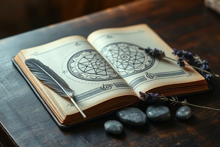 Ancient journal on desk with quill, stones, and lavender