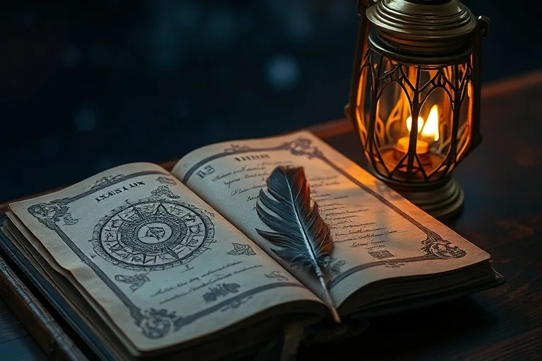 Cinematic still life of an open dream journal with quill and lantern