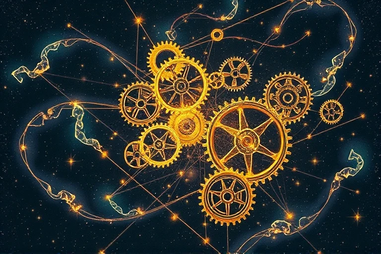 Abstract conceptual art of interconnected glowing gears in a cosmic void