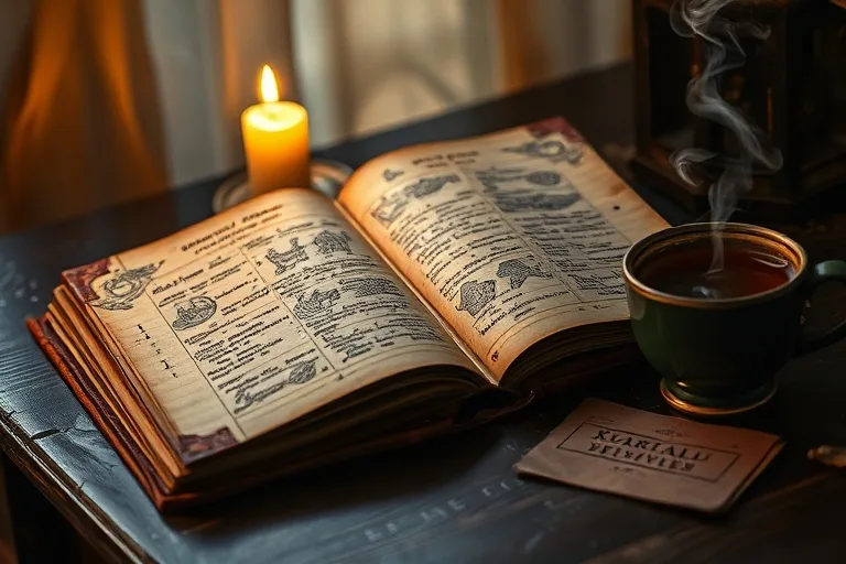 Antique leather-bound journal with cryptic notes, flickering candle, and herbal tea