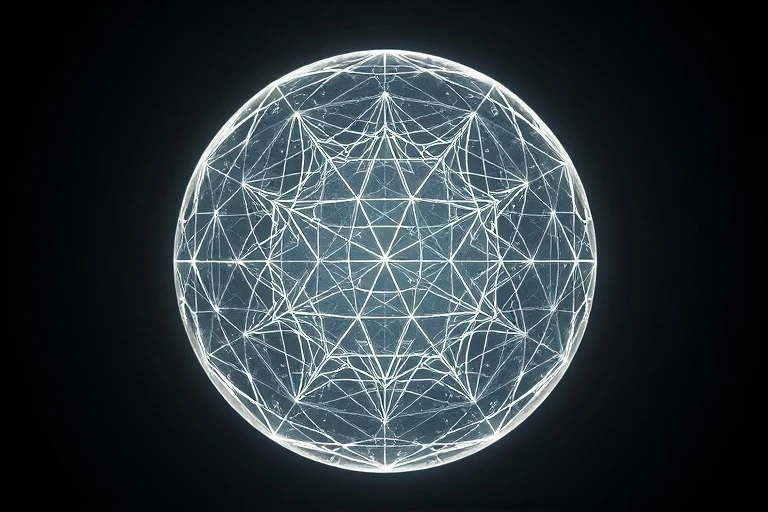 Translucent sphere of light with geometric patterns in a dark space