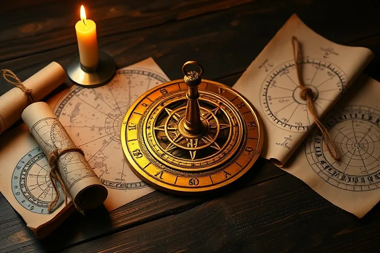 Antique astrolabe on a wooden desk with star charts and a candle, representing ancient celestial study.