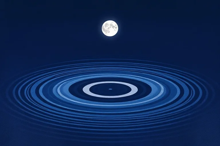Watercolor painting of concentric ripples in water reflecting a faint full moon, symbolizing lunar influence and tranquility.