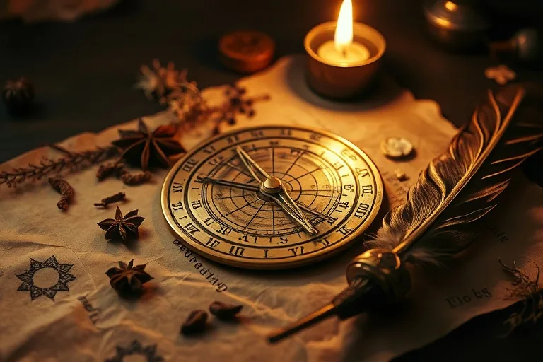 Vintage photograph of an antique astrolabe on aged parchment, surrounded by dried herbs and a quill, illuminated by soft candlelight, in an extreme close-up.