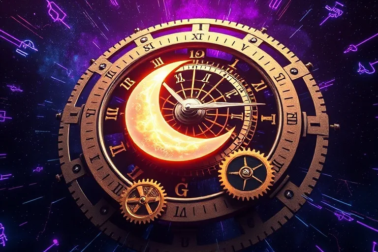 3D render of a stylized clock mechanism intertwined with a crescent moon, surrounded by glowing runic symbols and cosmic energy, with dramatic lighting.