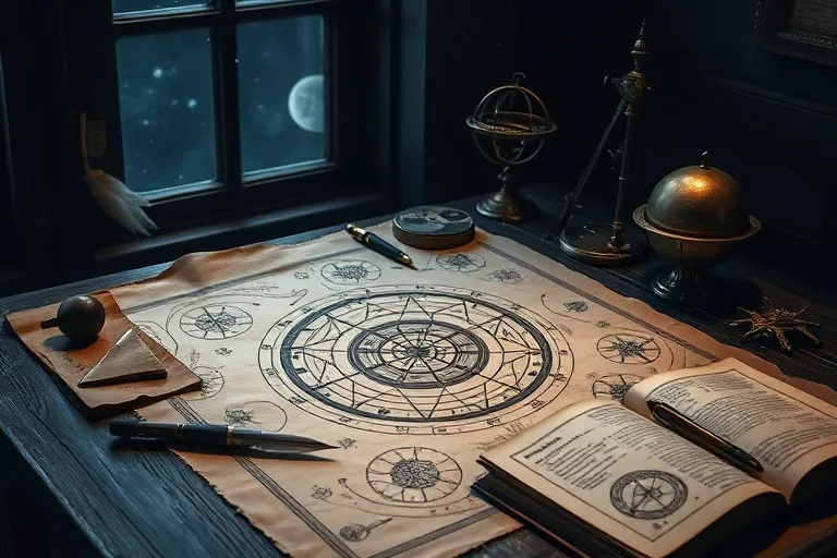 Ancient astrological instruments on a worn wooden desk, including an astrolabe and star charts, lit by moonlight.