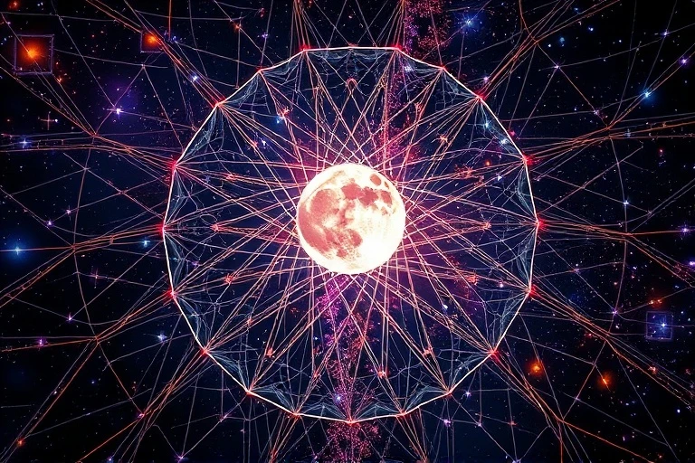 Abstract conceptual art of intertwined cosmic threads forming a complex web, with starlight and lunar glow, digital painting.