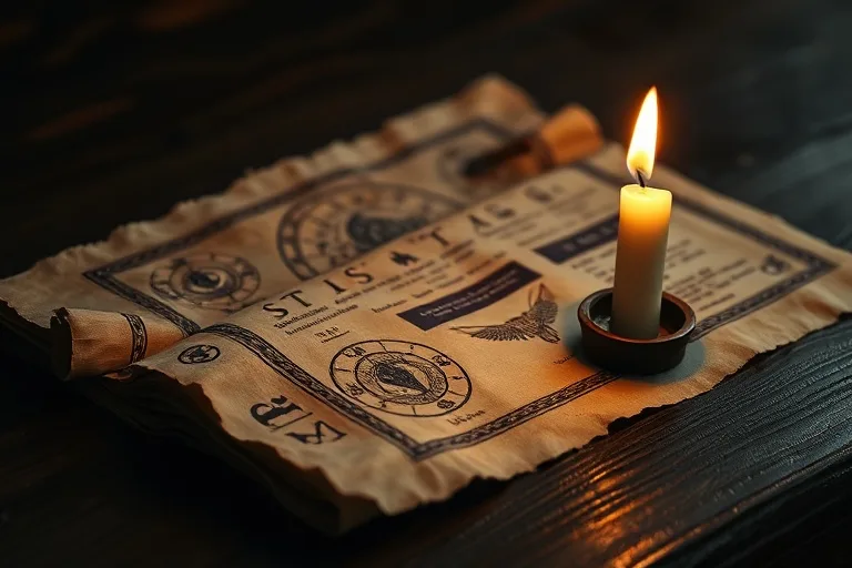 Cinematic still life of ancient, weathered parchment scrolls with astrological symbols, partially unrolled on a dark wooden desk, illuminated by a single, soft candle flame.