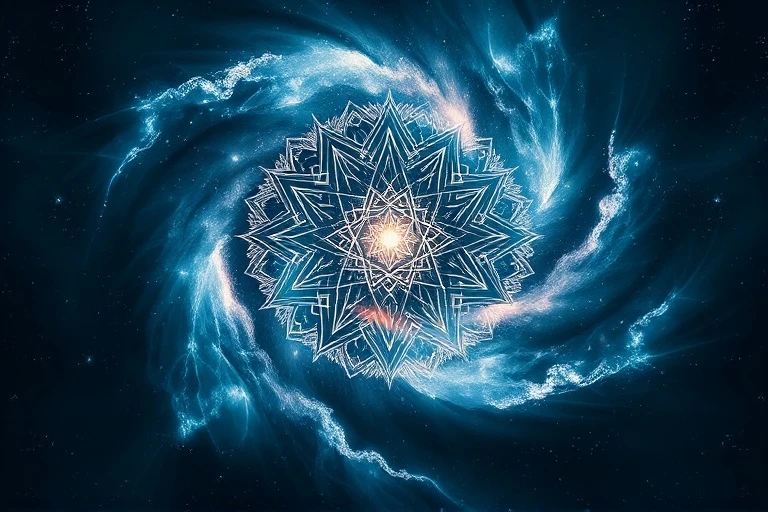 Abstract conceptual art piece depicting a swirling vortex of light and shadow, with subtle geometric patterns emerging, symbolizing the complex interplay of cosmic forces and individual paths.