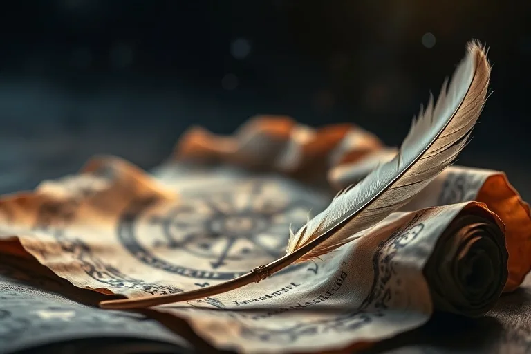 Ancient scrolls and a quill pen bathed in celestial light, symbolizing rediscovered karmic knowledge