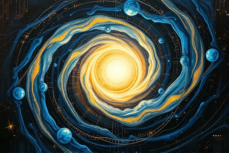 Abstract oil painting of a swirling cosmic vortex with a luminous central sphere, symbolizing the self amidst cosmic influences