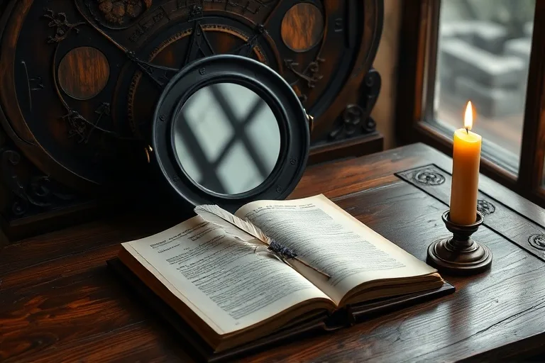 An antique wooden altar adorned with a polished obsidian scrying mirror, a small bundle of dried lavender, a feather quill, and an open journal with blank pages, softly illuminated by an unlit beeswax candle.