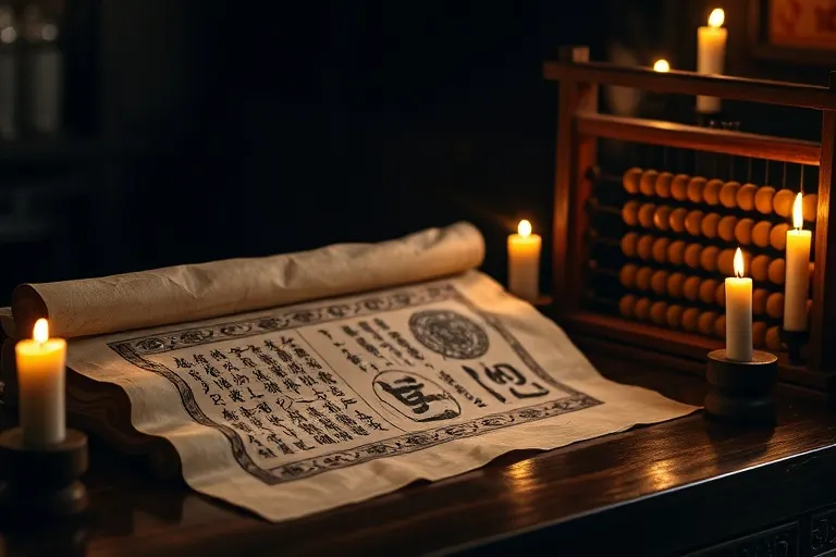 Still life photography of ancient Chinese scrolls and a traditional abacus on a dark wooden table, illuminated by candlelight.