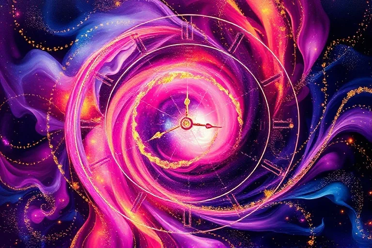 Abstract conceptual art of a vibrant swirl of cosmic dust forming a celestial clock face, with subtle representations of zodiac animals emerging from the nebulae.