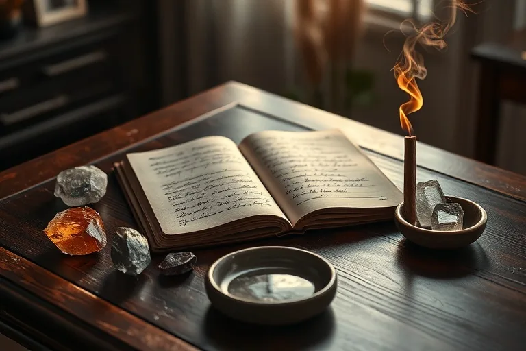Polished wooden desk with a journal, crystals, and palo santo for manifestation rituals.
