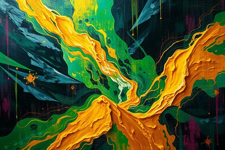 Abstract oil painting of a vibrant river of gold and emerald green, symbolizing abundance.
