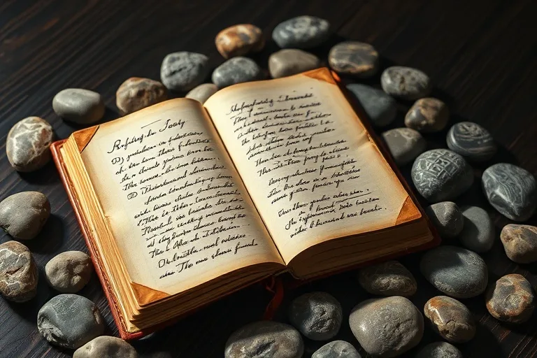 Antique journal with handwritten manifestation intentions, surrounded by river stones on a dark wooden surface, symbolizing focused creation.