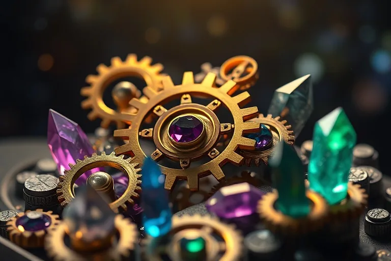 Intricate gears and glowing crystals representing the mechanics of intentional thought and universal alignment.