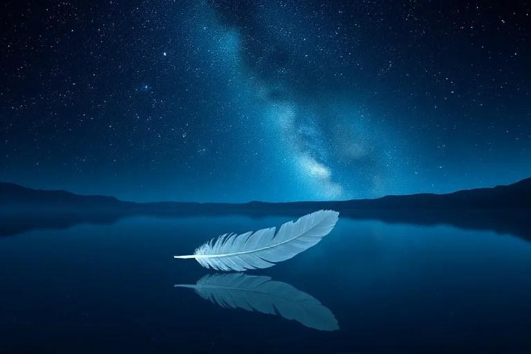 Serene landscape with a lake reflecting a starry sky, a feather floating on the water, symbolizing letting go and universal flow.