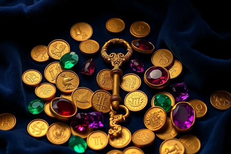 Antique gold coins, polished gemstones, and an ornate key on velvet, cinematic still life.